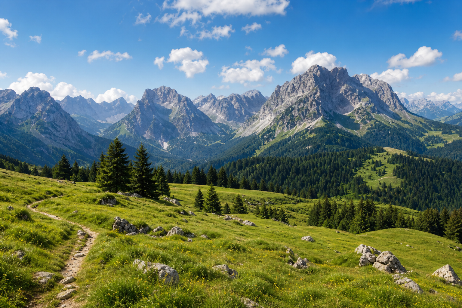 Bayerische Alpen mit Berggipfeln und grünen Almwiesen
