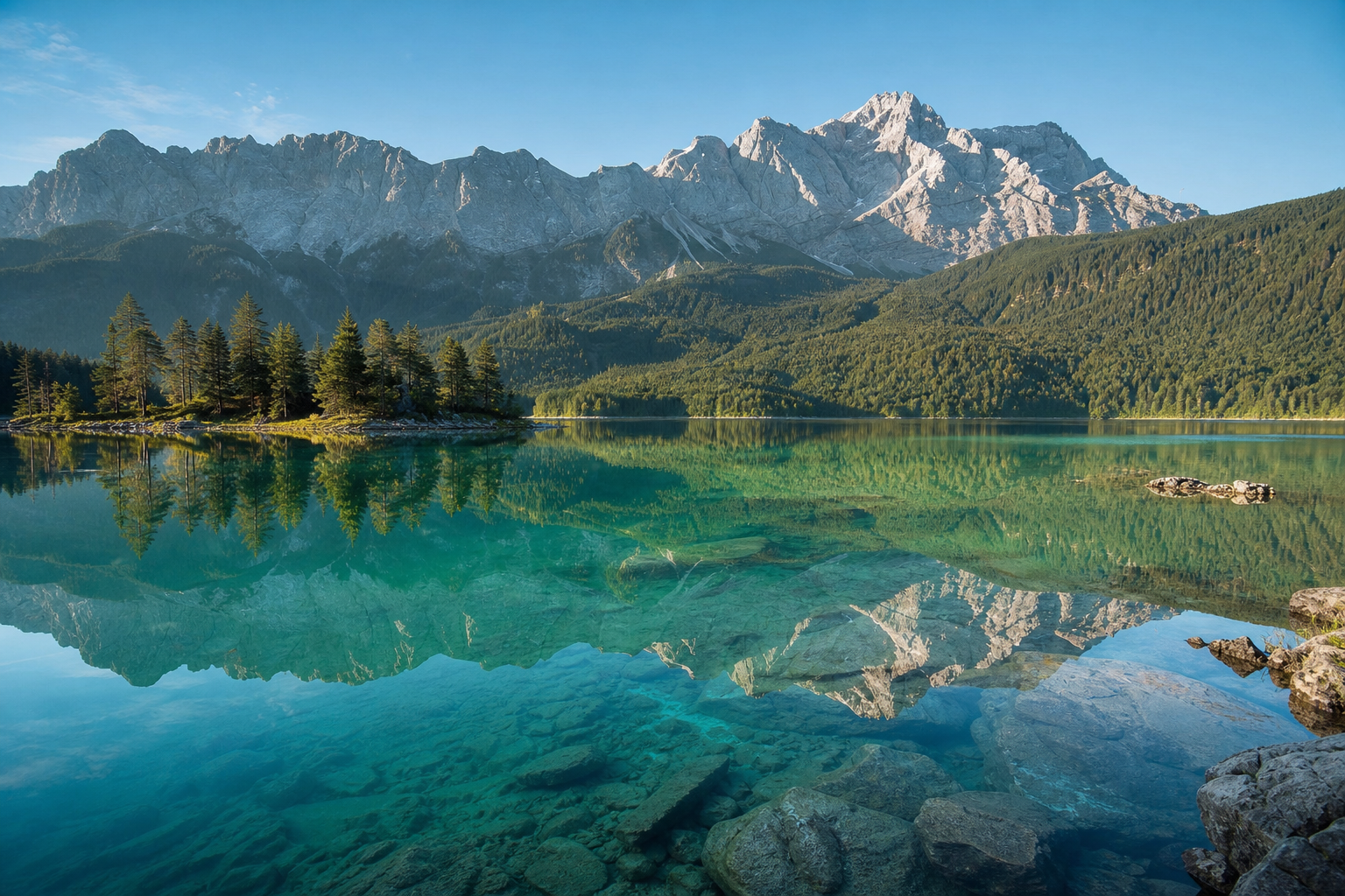 Kristallklarer Eibsee vor der Zugspitze bei klarem Himmel