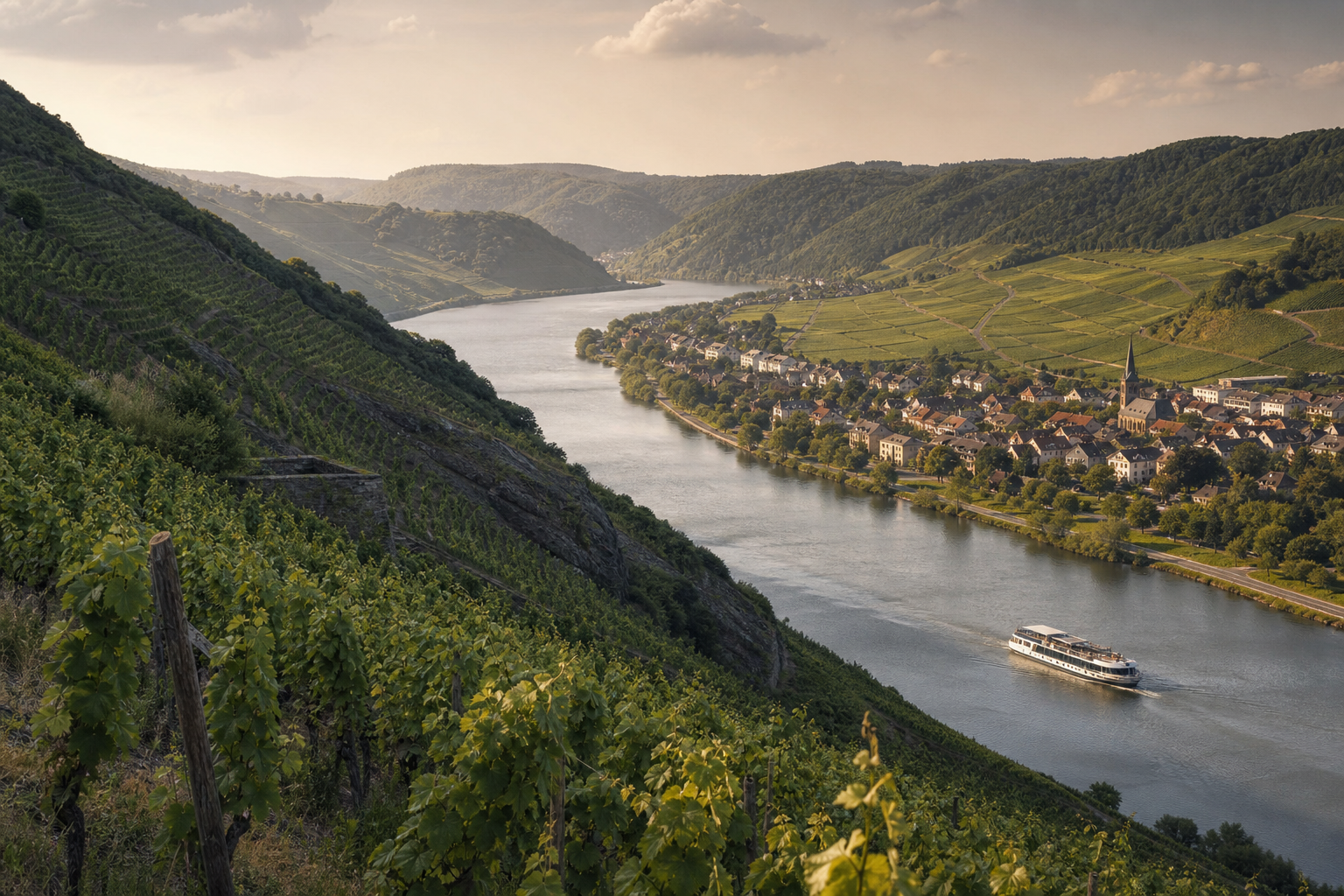 Steile Weinberge entlang der Moselschleifen im Abendlicht