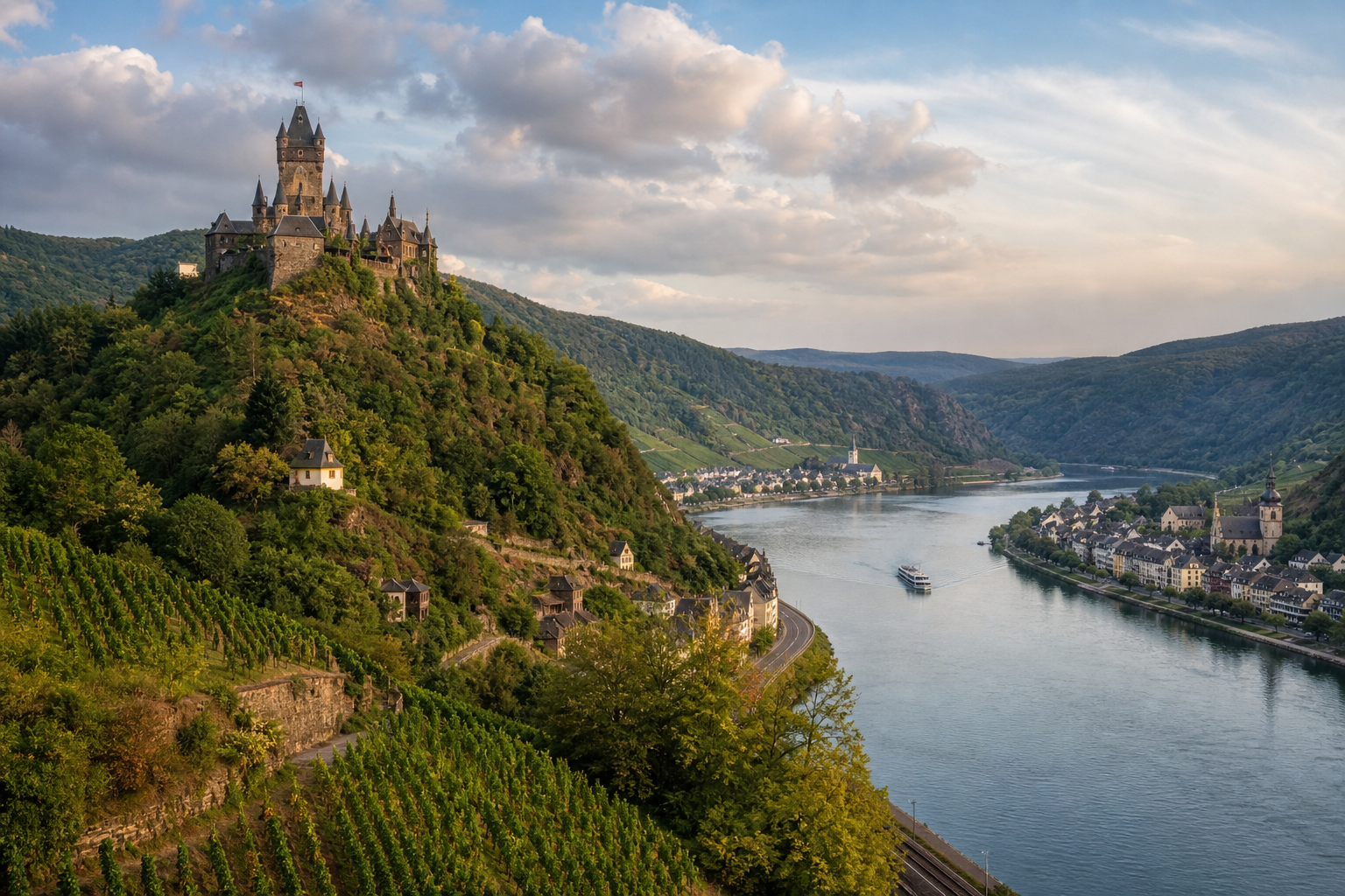 Romantisches Rheintal mit Weinbergen und historischer Burg